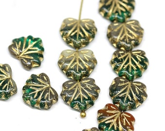 15pc Golden wash mixed color maple leaf beads, teal brown Czech glass leaf beads - 1252