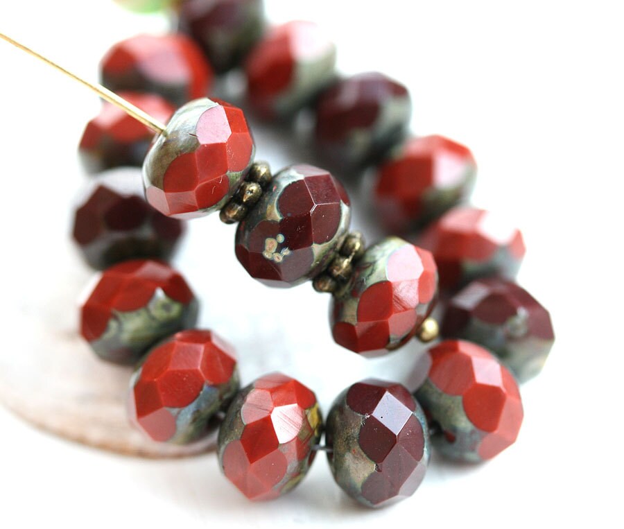 6x3mm pressed czech glass spacers green with luster rondels 40Pc 2921 Antique Green Picasso Rondelle beads