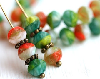 50pc Bright czech glass 6x5mm beads mix, Multicolored green orange fancy spacer donuts - 1381