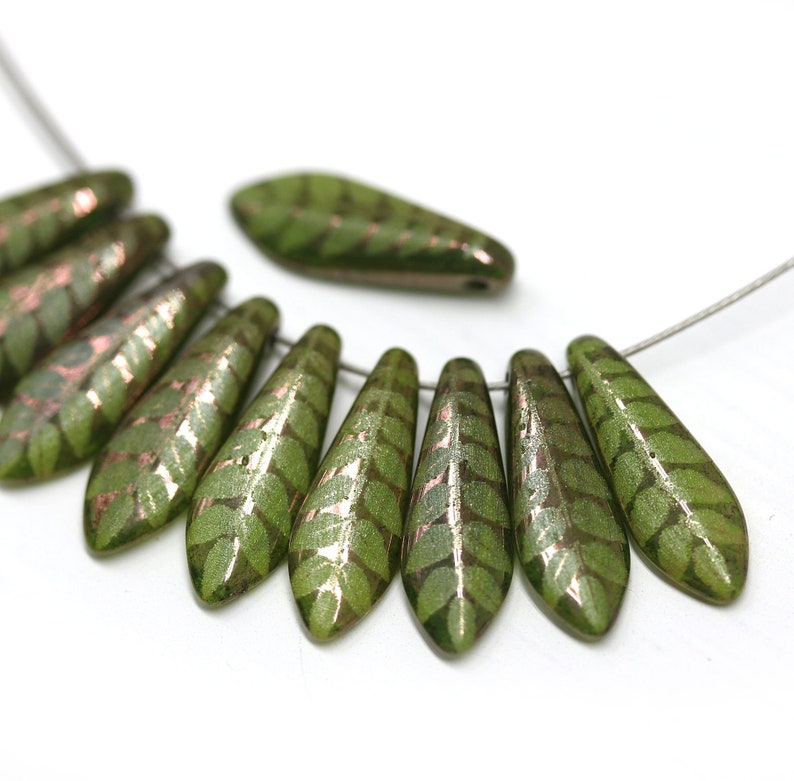 5x16mm Olive green Leaf ornament dagger czech glass beads Green leaf long tongue beads 10pc 2118 image 1