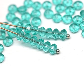 3x5mm Teal green rondelle beads, Sea green czech glass fire polished beads spacers rondels 50pc - 2366