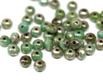 3x5mm Turquoise green czech glass beads spacers, Picasso luster finish faceted rondels, rondelle beads 50Pc - 0276