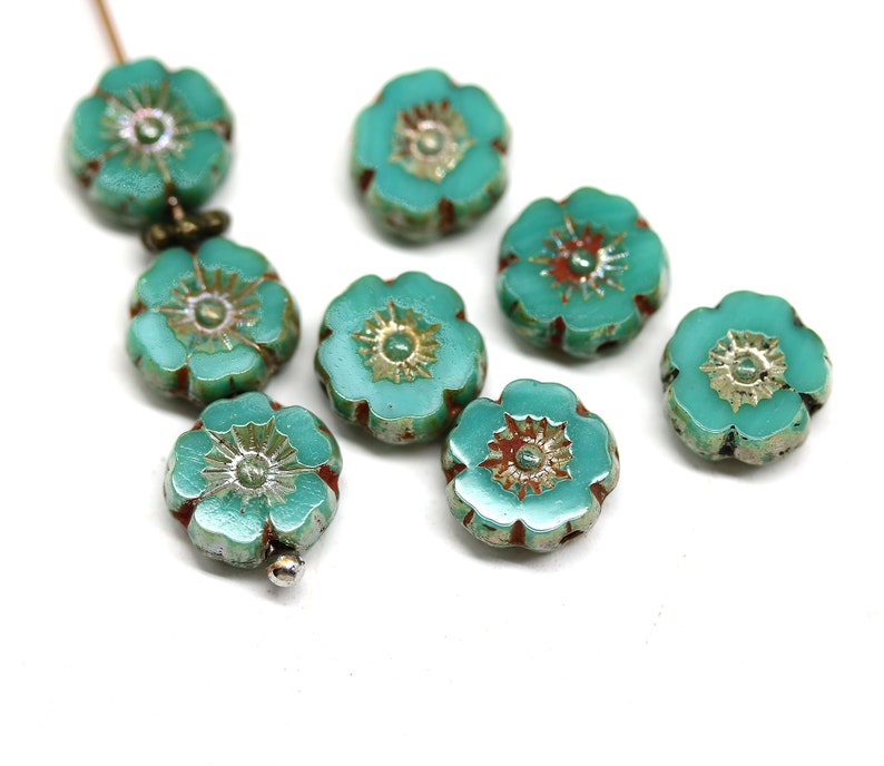 8mm Hibiscus flower Czech glass pink floral green turquoise daisy picasso beads Green / picasso