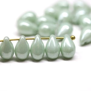 Sage green teardrop czech glass beads, top drilled drops 6x9mm - 30pc - 1157