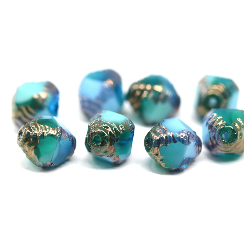 10x8mm Blue green bicone fire polished czech glass beads old patina, 8Pc 5651 image 7