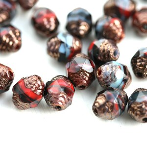 8x6mm Cathedral czech glass beads Luxury black red blue golden ends fire polished barrel beads 15pc 2777 image 2
