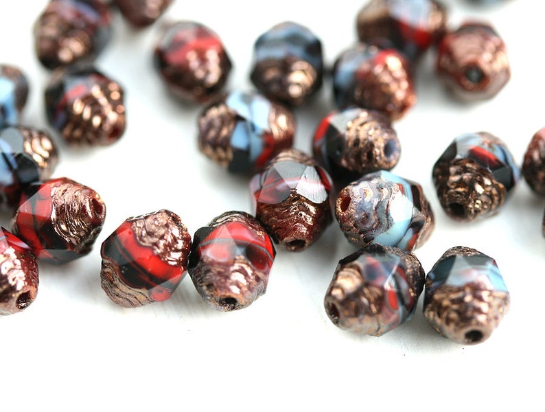 8x6mm Cathedral czech glass beads Luxury black red blue golden ends fire polished barrel beads 15pc 2777 image 2