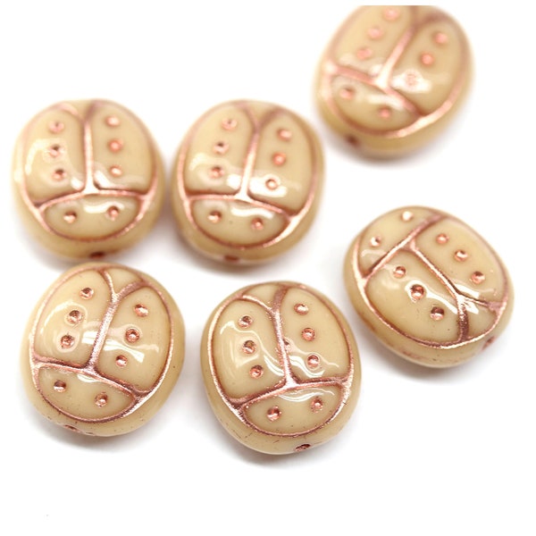 Large ladybug beads, beige copper Czech glass beads, ladybird bugs 13x11mm - 6Pc - 0964