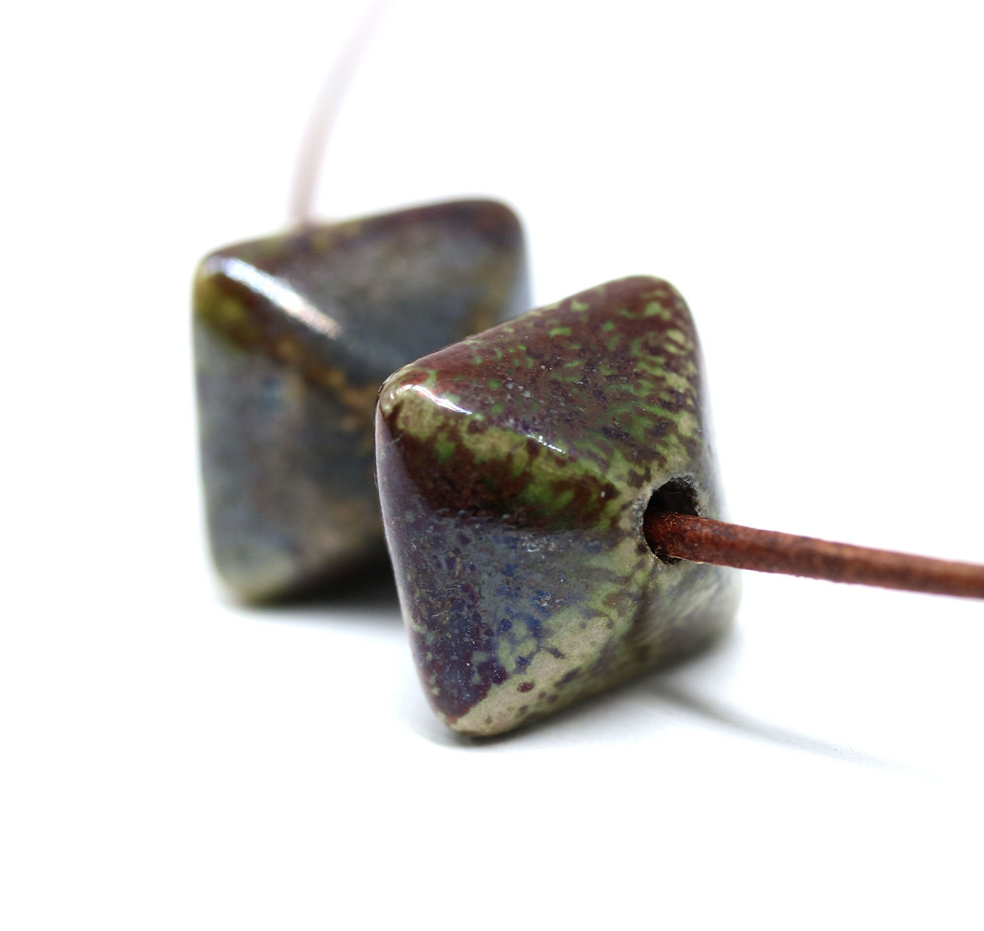 15mm Rustic Raku Brown Green Greek Ceramic Rhombus Beads for