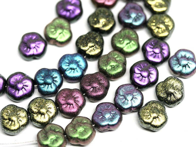 20Pc 1965 Metallic Purple flower bead Violet Purple glass bead 9mm czech glass flower three petal daisy floral bead