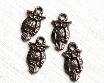 Copper Owl metal charm Antique Copper charm Small Owl greek beads, woodland Lead Free, 4Pc - F269