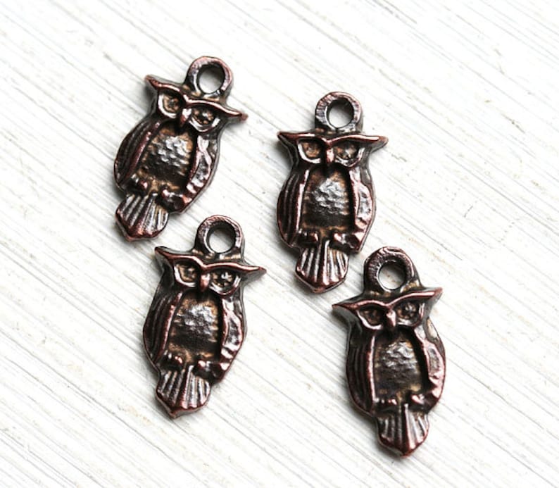 Copper Owl metal charm Antique Copper charm Small Owl greek beads, woodland Lead Free, 4Pc F269 image 1