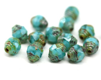 8x6mm Turquoise green cathedral beads, Picasso czech glass barrel beads 15Pc - 0763