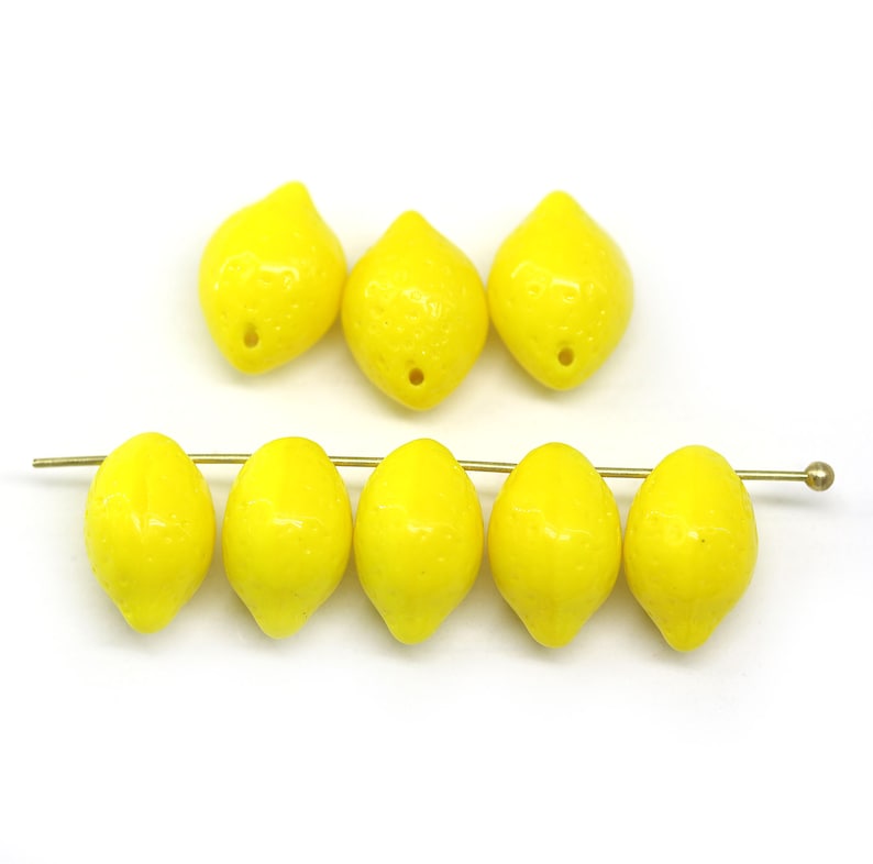 Lemon beads Czech glass lime fruit beads Vegan jewelry 14x10mm Yellow