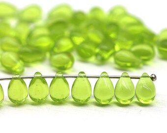 6x9mm Light olive green czech glass teardrop beads top drilled drop 40pc - 6074