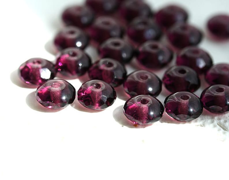 50pc Dark purple spacer beads, Amethyst purple czech glass rondelle beads, Gemstone cut fire polished faceted rondels 4x7mm 2178 image 2