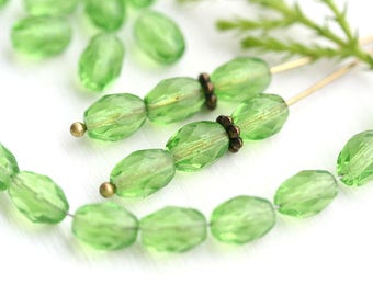 8x6mm Transparent Green oval beads, spring green czech glass fire polished beads - 30Pc - 1933