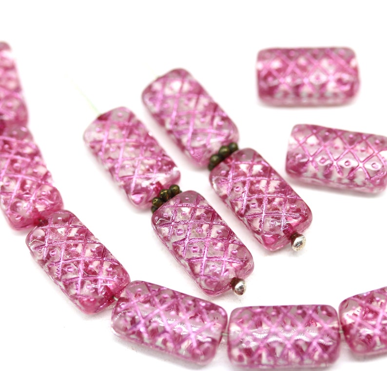 13x7mm Pink ornament rectangle pillow czech glass beads, 12pc 0915 image 4