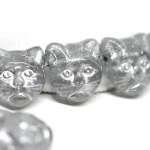 Gray Cat beads Silver wash czech glass beads Side drilled Silver cat Feline Kitty 8pc 0920 image 2