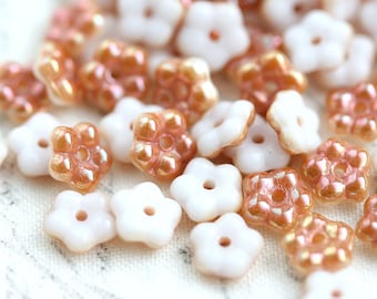 50pc Peach and White daisy flower beads, Rainbow luster, white czech glass flat 5mm daisy spacer - 2570