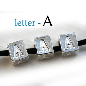 Silver Letter A - Alphabet Letter Beads, 7mm, greek metal letters, cube beads, for leather cord, personalized, 3pc - F312