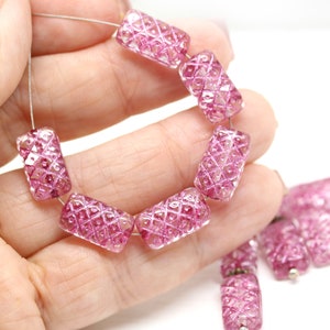 13x7mm Pink ornament rectangle pillow czech glass beads, 12pc 0915 image 2