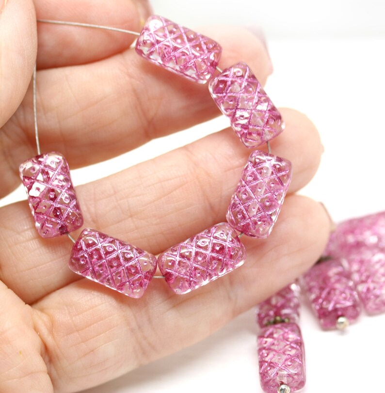 13x7mm Pink ornament rectangle pillow czech glass beads, 12pc 0915 image 2