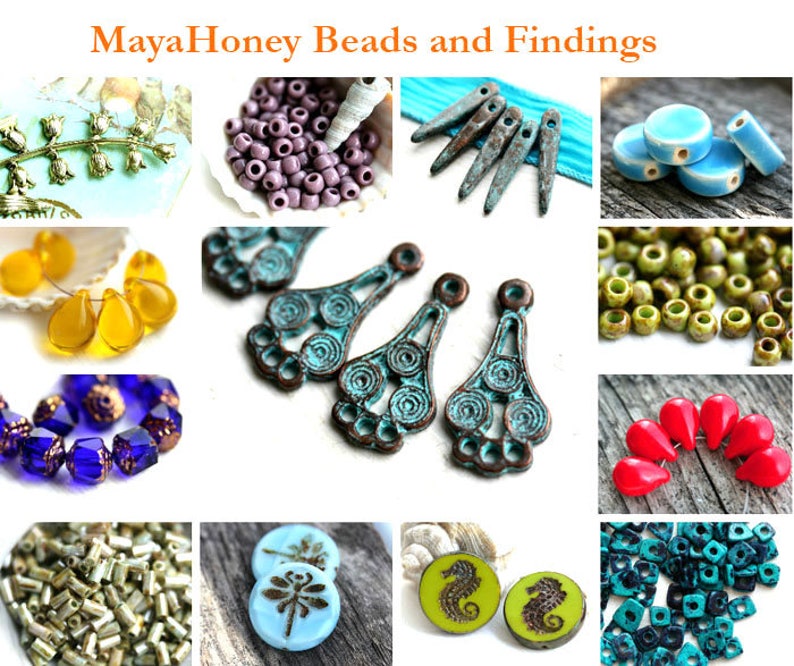 May include: Assortment of colorful glass and ceramic beads and findings for jewelry making.  Includes turquoise, green, blue, red, yellow, and purple beads.  Also includes metal findings with a turquoise patina.