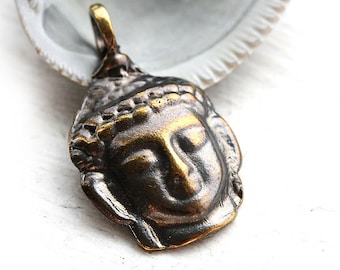 Antique Brass Buddha Face Pendant: Greek Metal Casting Bead (37x23mm)