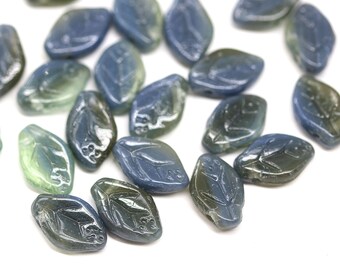 12x7mm Mixed blue gray leaf beads Czech glass beads pressed leaves, 30Pc - 0932