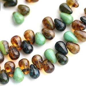 4x6mm Tiny glass drops beads mix in Earthy colors, Picasso teardrop czech beads, Brown Topaz, Turquoise green - 50pc - 2234