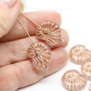 Nautilus Czech glass seashell beads, clear ammonite fossil copper wash 13x17mm, 6Pc 1777 image 4