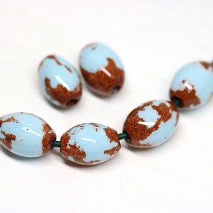 4pc Blue brown greek ceramic barrel beads for leather cord, 2mm hole - 1678