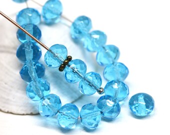 Aqua Blue Czech Glass Rondelle Beads: Faceted Gemstone Spacers (5x7mm)