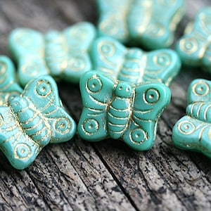 Turquoise green Butterfly beads mix, golden inlays, gold wash czech glass beads, butterflies 8pc 1371 image 1