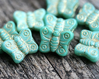 Turquoise green Butterfly beads mix, golden inlays, gold wash czech glass beads, butterflies - 8pc - 1371