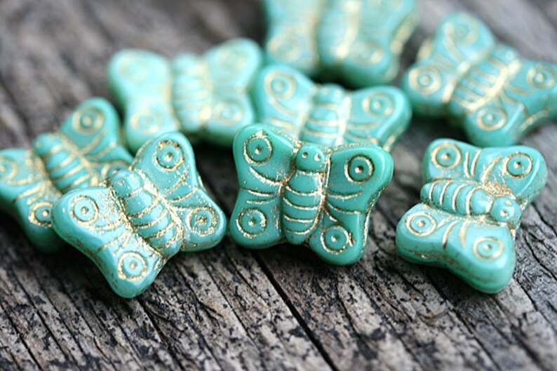 Turquoise green Butterfly beads mix, golden inlays, gold wash czech glass beads, butterflies 8pc 1371 image 1