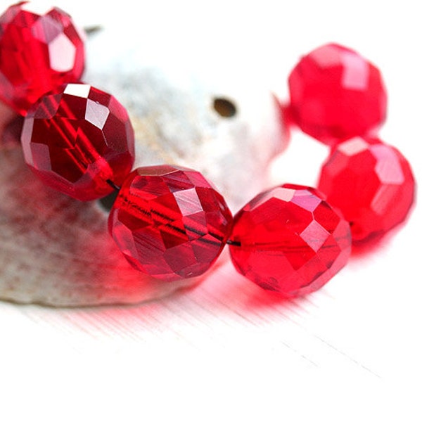 12mm round Red beads, Czech Glass fire polished faceted large ball red glass beads - 6Pc - 2989