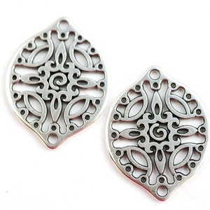 2pc Antique silver Filigree charms, Large Oval metal pendant Drop beads, Openwork connector, Greek metal casting F530 image 2