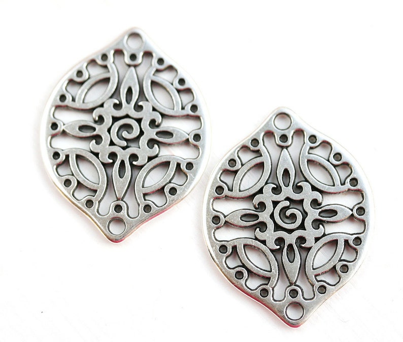 2pc Antique silver Filigree charms, Large Oval metal pendant Drop beads, Openwork connector, Greek metal casting F530 image 2