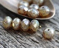 Picasso Czech glass donut beads Lustrious Beige Brown rondelle, gemstone cut fire polished spacer rondel beads - 6x8mm - 12pc - 2873
