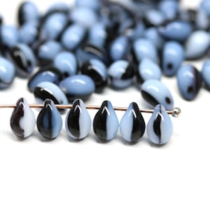 Blue Black Czech Glass Teardrop Beads: 5x7mm, 40pc
