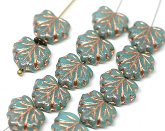 Opal Green Czech glass leaf beads Rose Gold inlays Green Maple leaves Green leaf bead - 11x13mm - 10Pc - 2494