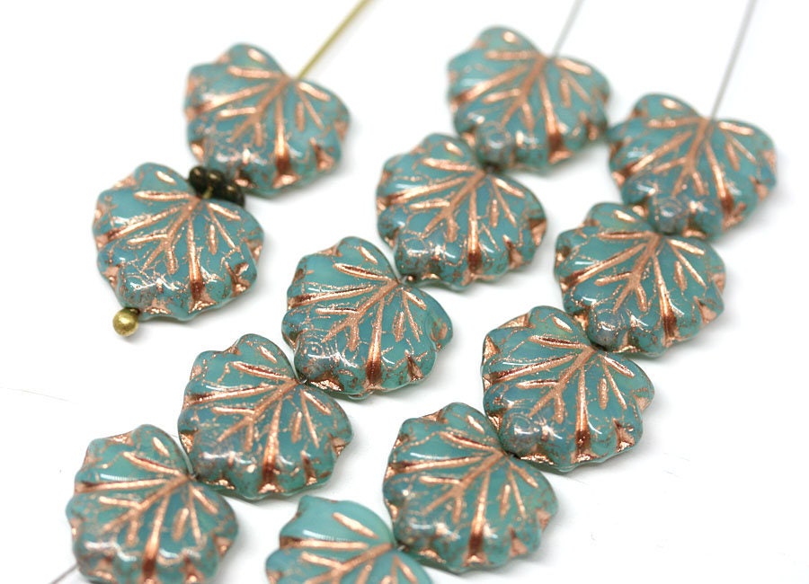 Opal Green Czech Glass Maple Leaf Beads with Rose Gold Inlay (11x13mm - 10pc)