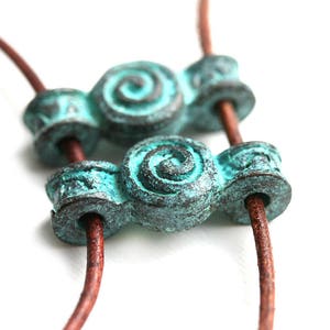 Two hole Green Patina Connector, Spiral Ornament 2 hole connector, Greek Copper metal casting patina findings for leather cord F627