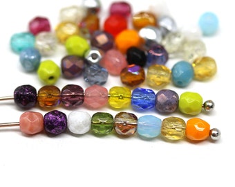 4mm Round fire polished czech glass beads mix Multicolor faceted spacers, 50Pc - 0503