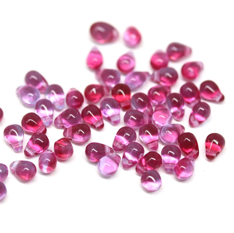 50pc Bright pink tiny drops czech glass, 4x6mm pink blue small teardrop beads 5252 image 2