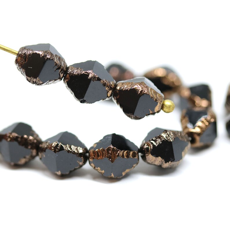 15pc Jet black bicone czech glass beads, Golden edge fire polished 8x6mm bicones 3277 image 5