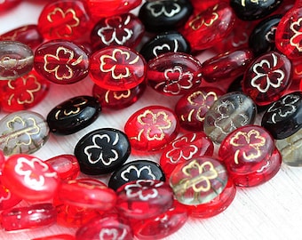 Shamrock Red clover beads mix, Czech glass St. Patrick red flower beads, 10x8mm - 10Pc - 0279