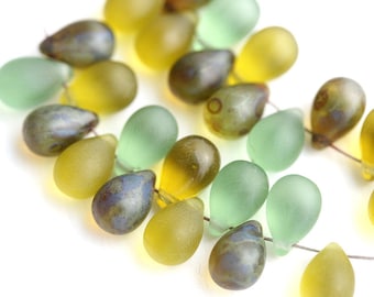 Woodland Czech Glass Teardrop Beads: Matte Olivine, Olive Green (20pc)